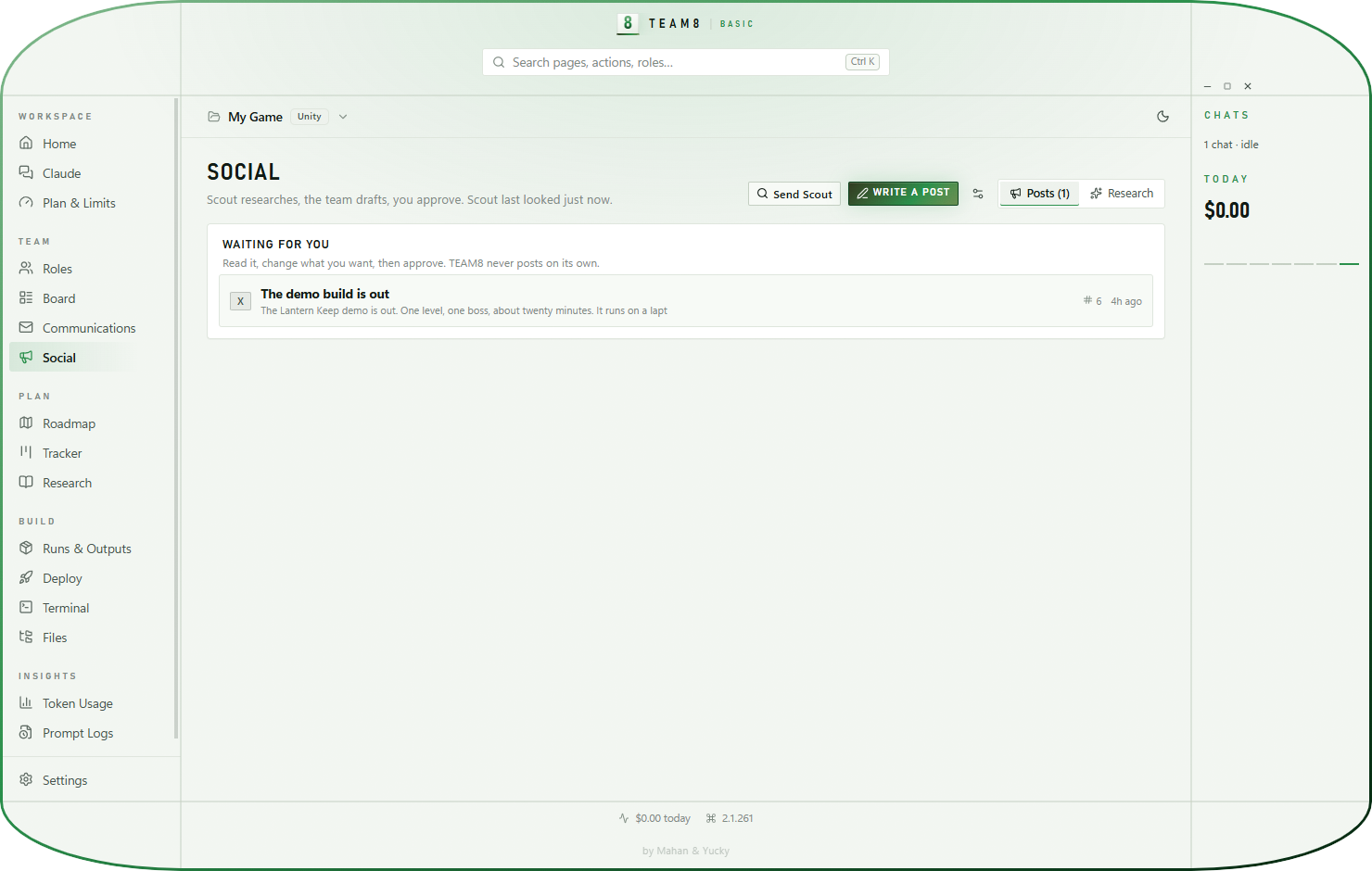 Social: a post waiting for approval, with Send Scout and Write a post above it