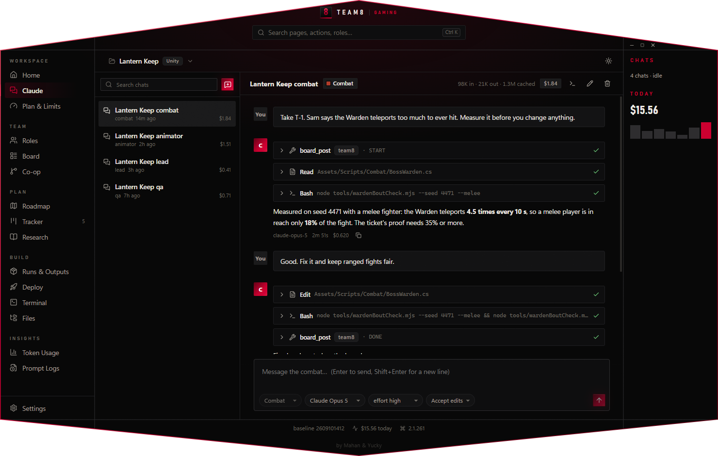 A combat chat fixing a ticket, with tool calls and a before-and-after table