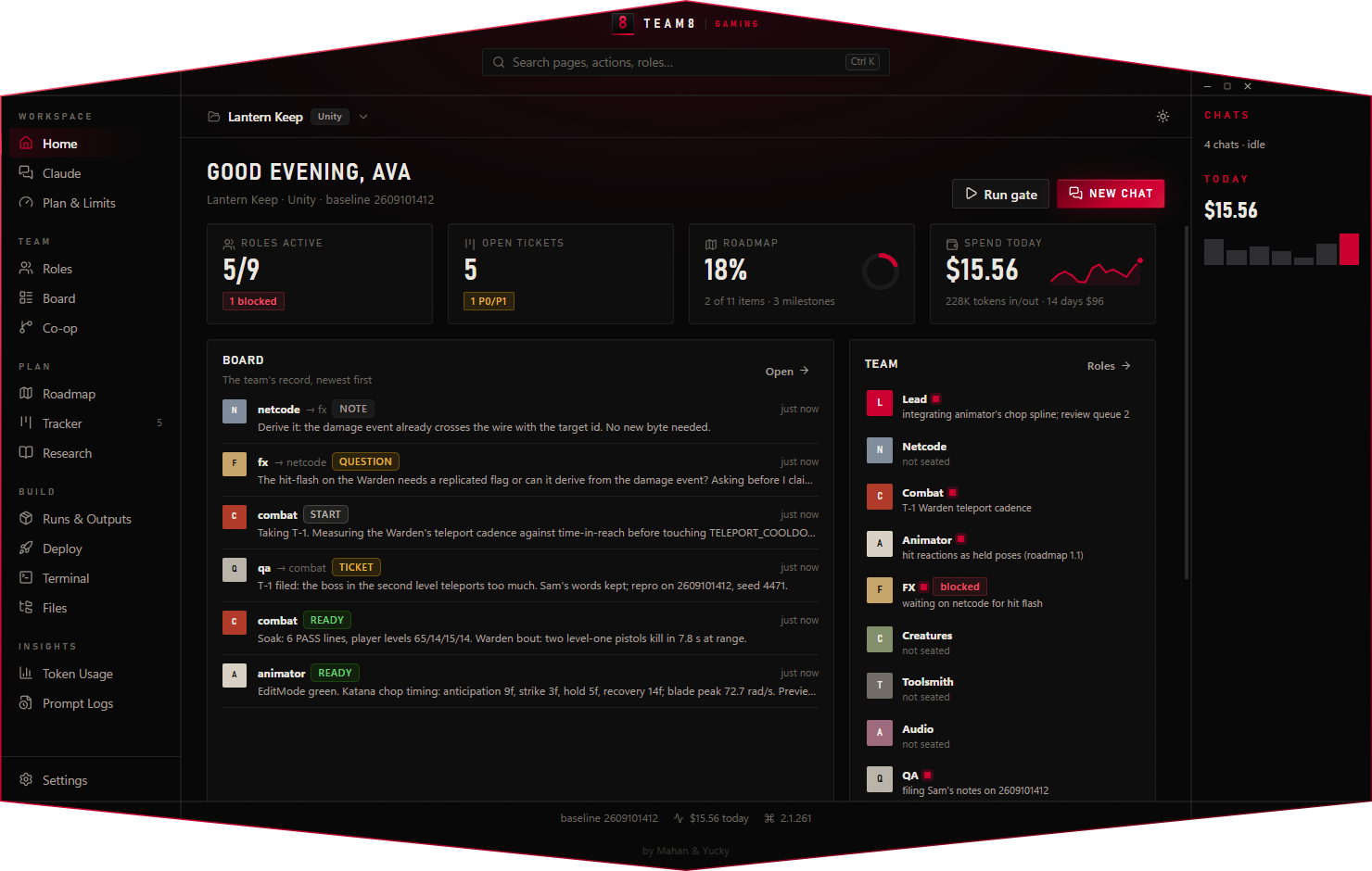 TEAM8 Gaming, a hexagon-shaped window showing a Unity project's dashboard