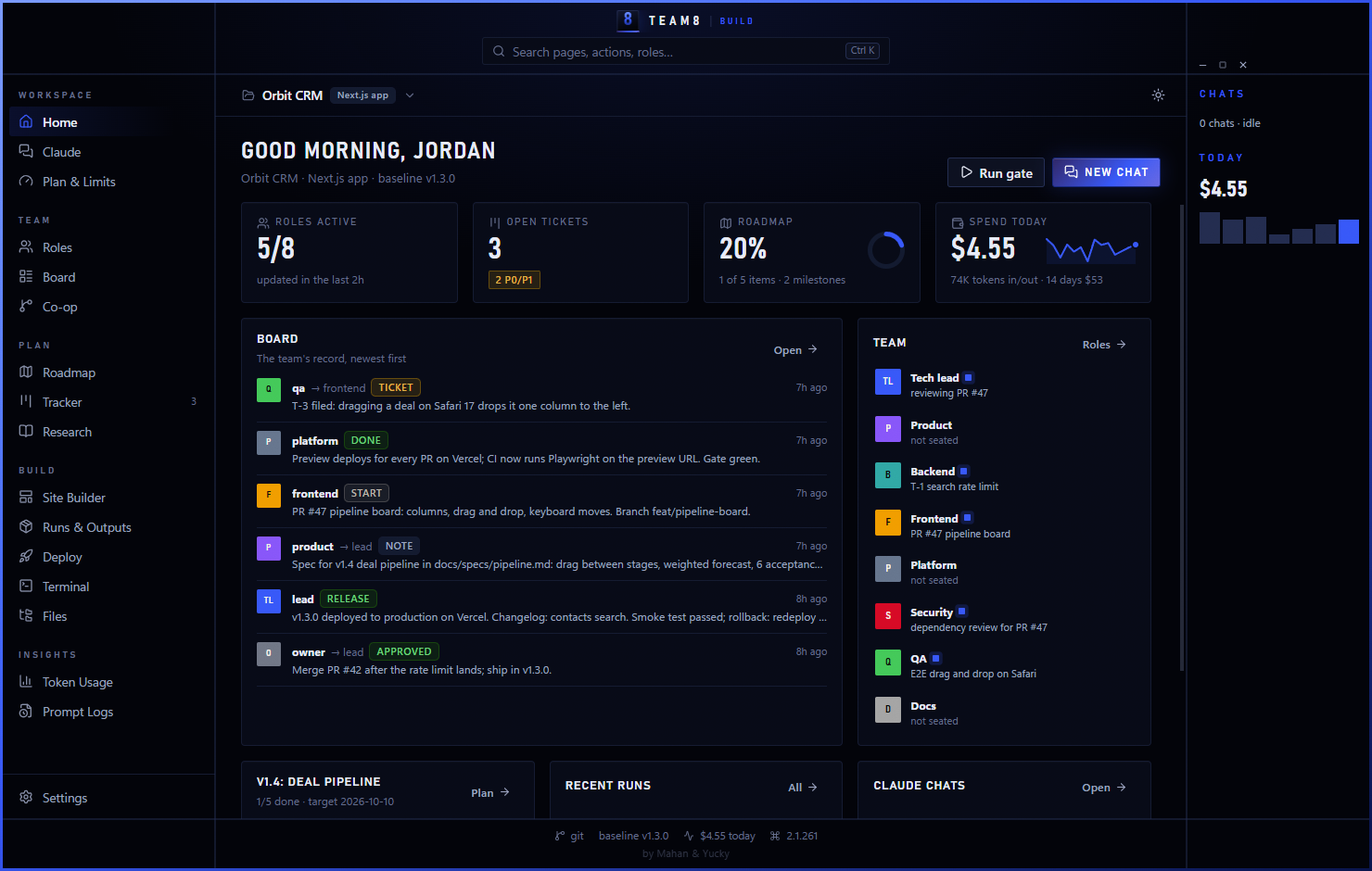 TEAM8 Build, a box-shaped window showing a Next.js project's dashboard with pull request reviews and a release