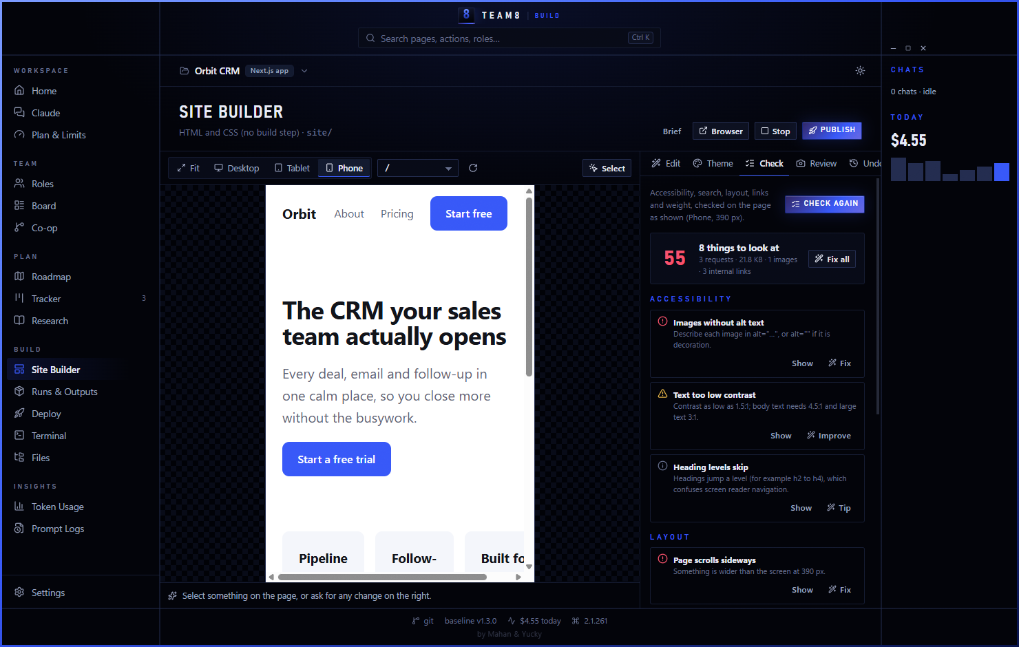 Site Builder with the live preview at phone width and the Check tab listing accessibility and layout problems with Fix buttons