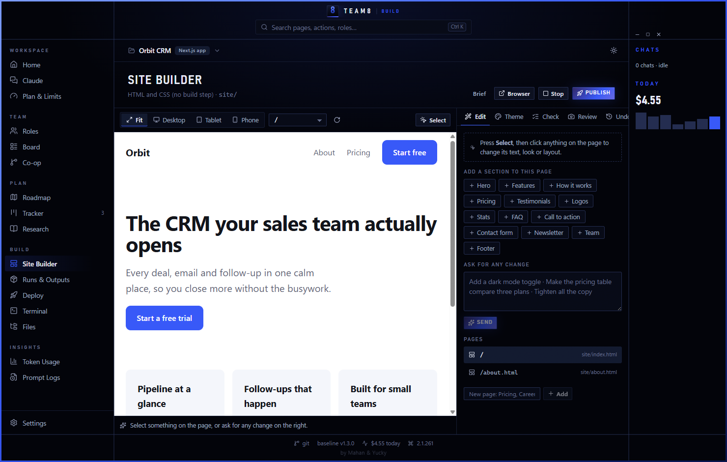 Site Builder with a live preview of a landing page